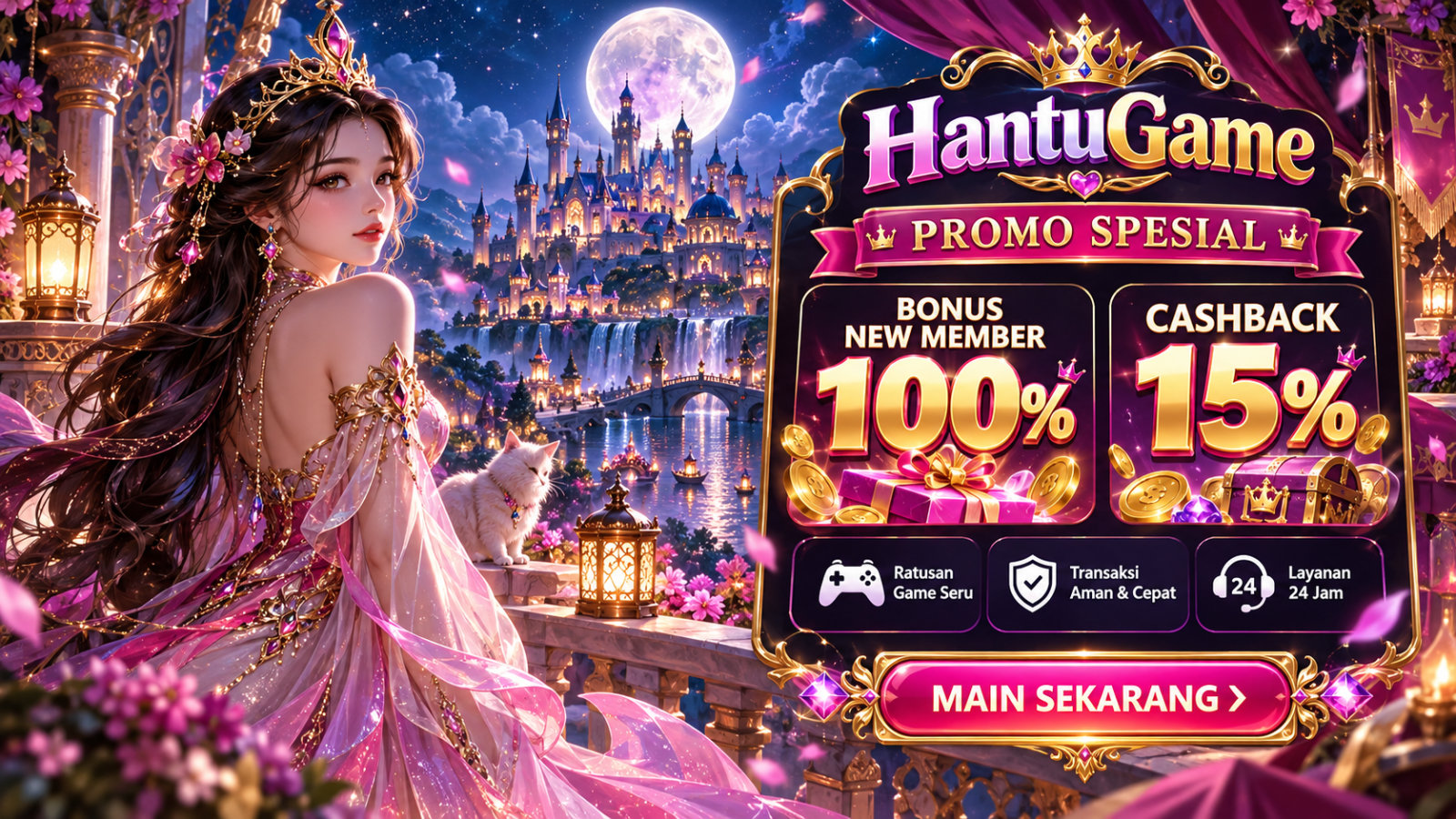 Banner HANTUGAME — ilustrasi layanan dan kategori permainan